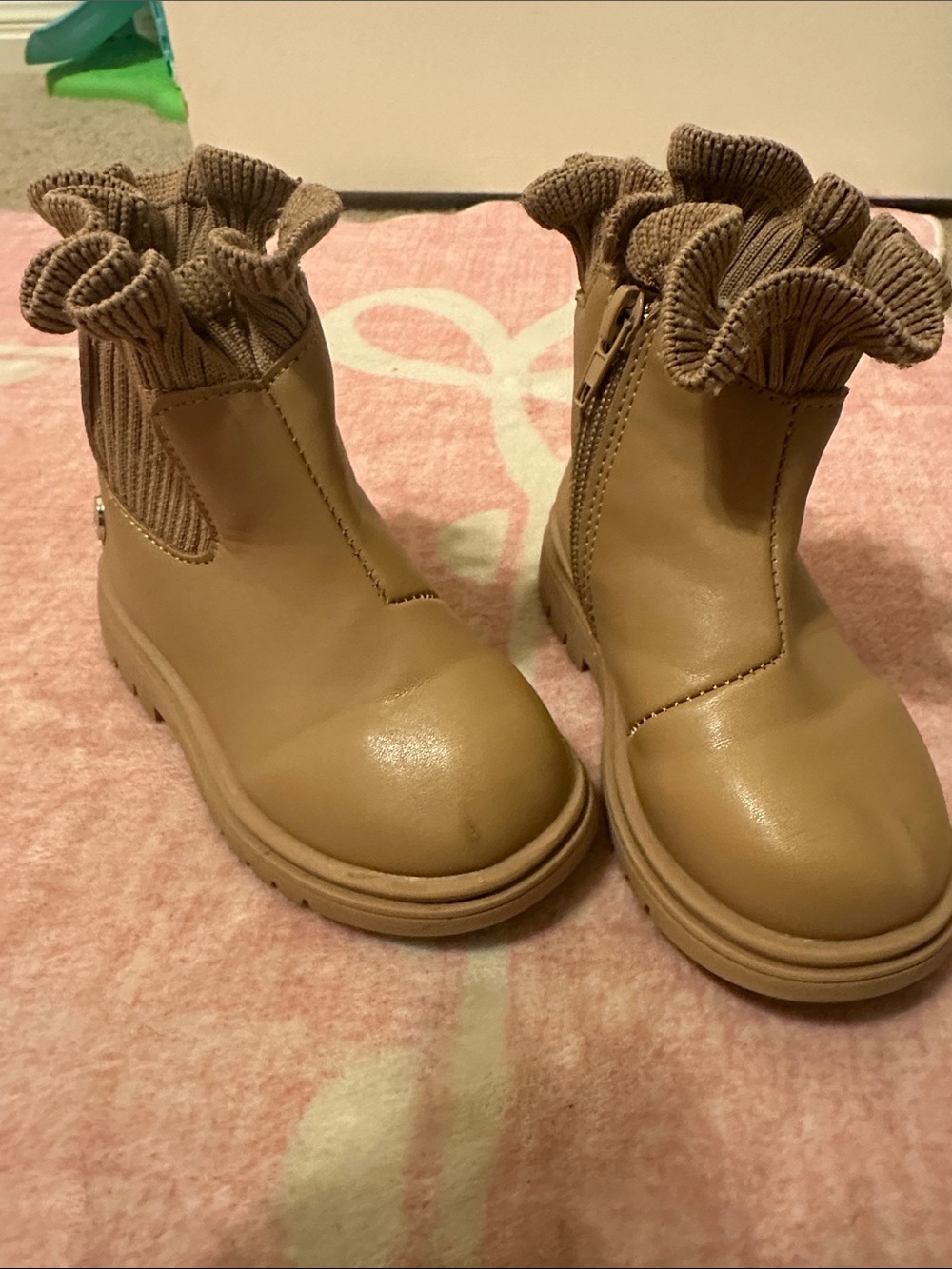Nicole Miller Tan Ruffle-Trim Kids Ankle Boots